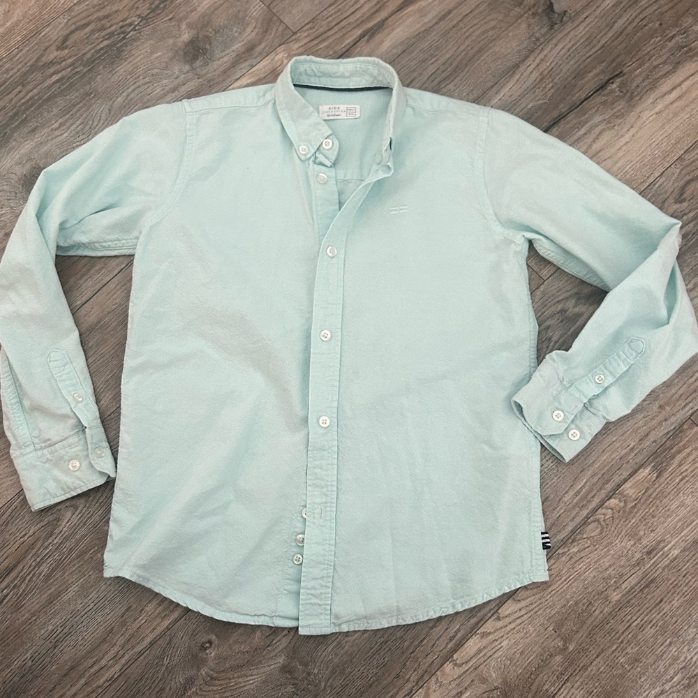 kids light teal blue button down collared shirt boys size 9 10